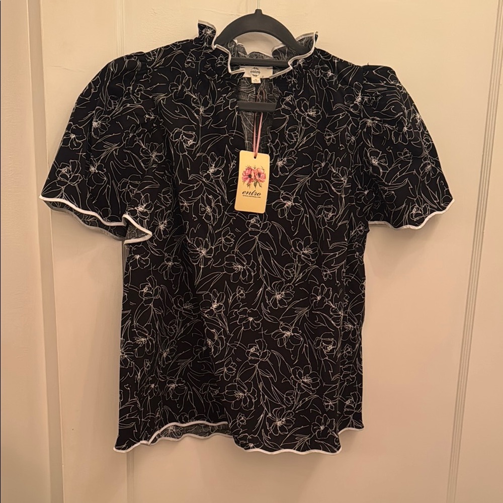 Entro Black Top with White Floral Design